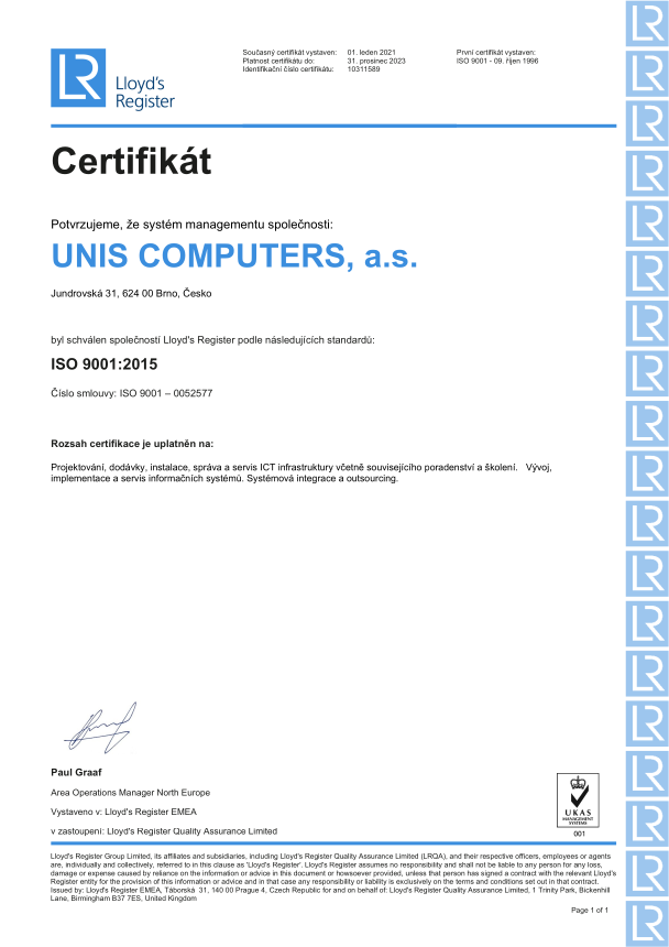 certifikace ISO 9001 1996 CZ